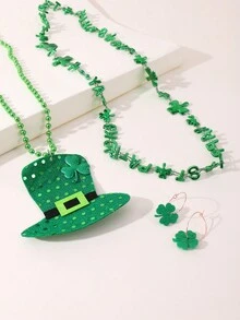 Collar y pendientes divertidos con forma de sombrero de trébol de la suerte, color verde, regalo para fiesta de Halloween, 3 piezas - Verde - Ver 5
