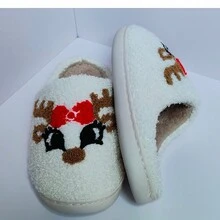1雙聖誕元素女性室內拖鞋,可愛卡通麋鹿設計,新款毛茸茸拖鞋,情侶風格 - 白色 - 查看 9