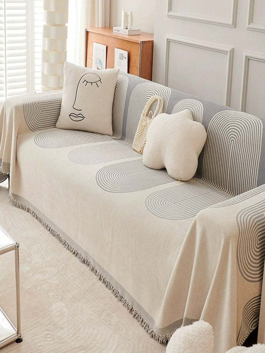 1pc Chenille Anti-scratch Sofa Cover All Seasons, Tree Ring Design Universal Sofa Mat, Multi-functional Sofa Slipcover - Grey - View 1