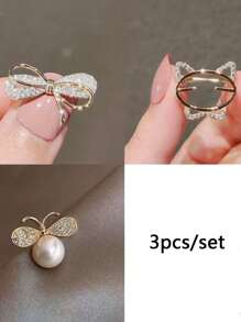 3pcs/Set Anti-Skid Buckle Brooch For Women, Clothes Fixing Tool With Rhinestone Butterfly And Fine Waist Shaping Pin Valentine's Day Valentines - Gold - View 2