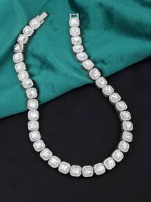 1pc Iced Sugar Necklace, European & American Style Fully Paved Cubic Zirconia Metal Chain Unisex Necklace, Street Fashion Couple Accessory - Silver - View 3