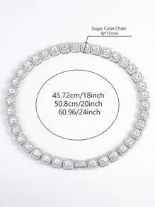 1pc Iced Sugar Necklace, European & American Style Fully Paved Cubic Zirconia Metal Chain Unisex Necklace, Street Fashion Couple Accessory - Silver - View 4