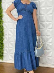 Vestido Longo Jeans Com Babado e Recorte Com Marcação na Cintura primavera Verão