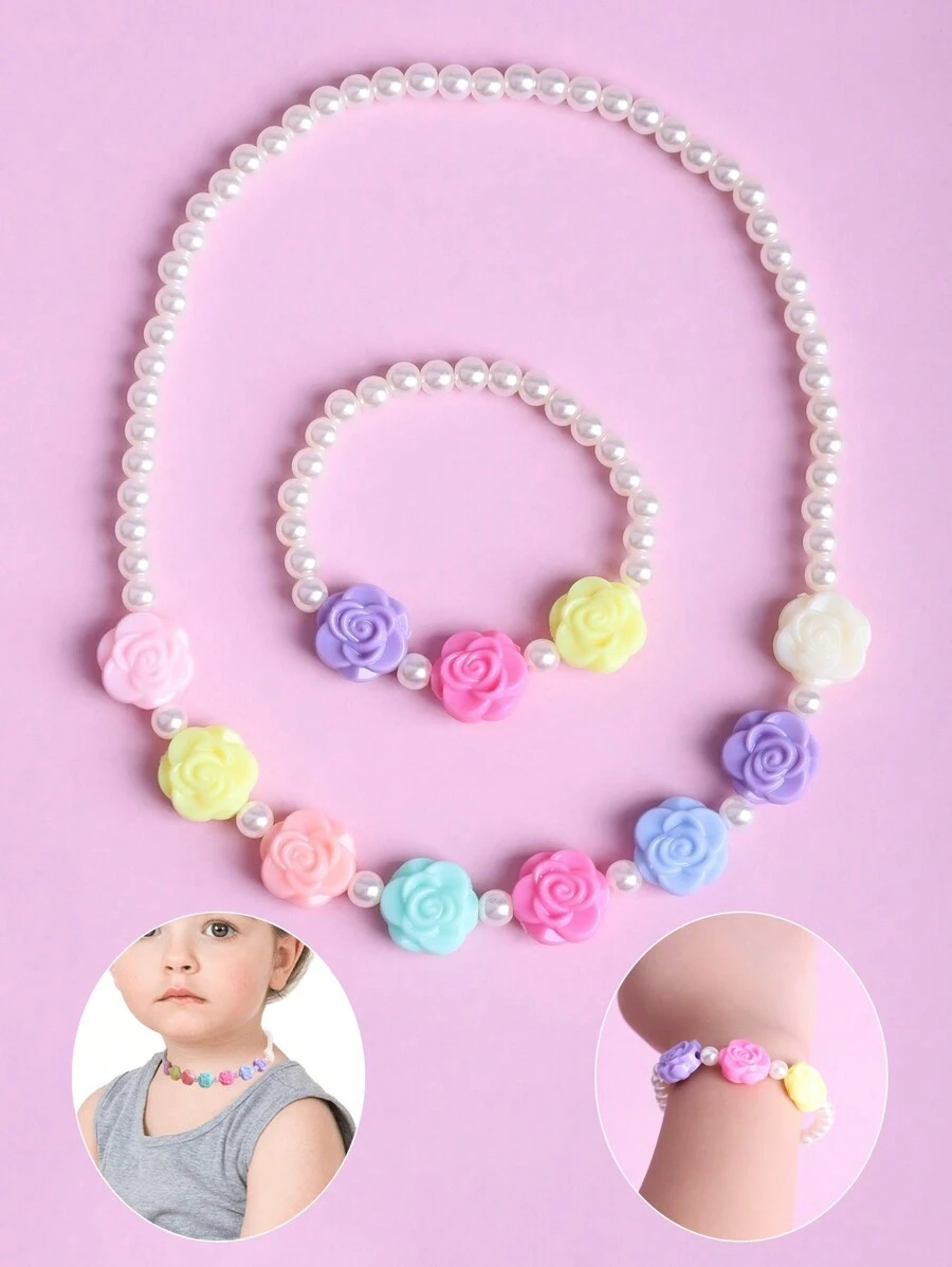 2pcs/set Random Color Children's Rose Flower & Pearl Beaded Bracelet And Necklace Cute Accessory Kit Suitable For Amusement Park Performance Props, Birthday Gifts