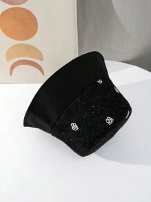1pc Fashionable Bucket Hat With Rhinestone, Lace & Embroidered Rose Pattern - Black - View 2