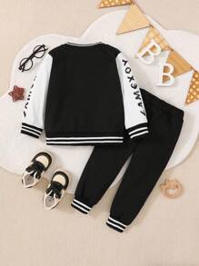 嬰兒男童新潮流長款彈性面料上衣和寬鬆長褲,秋冬季節適用 - 黑與白 - 查看 2