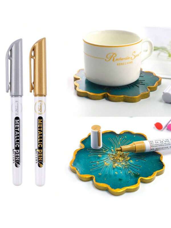 2 Stücke Metallzeichenstifte Set, Acryl Farbe Gold & Silber, Harzspitze, für DIY Basteleien Rückkehr zur Schule, Rückkehr zur Schule, Schulmaterial