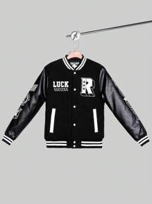 Logeqi® Hombres Chaqueta de béisbol con mangas de piel sintética - Negro - Ver 1