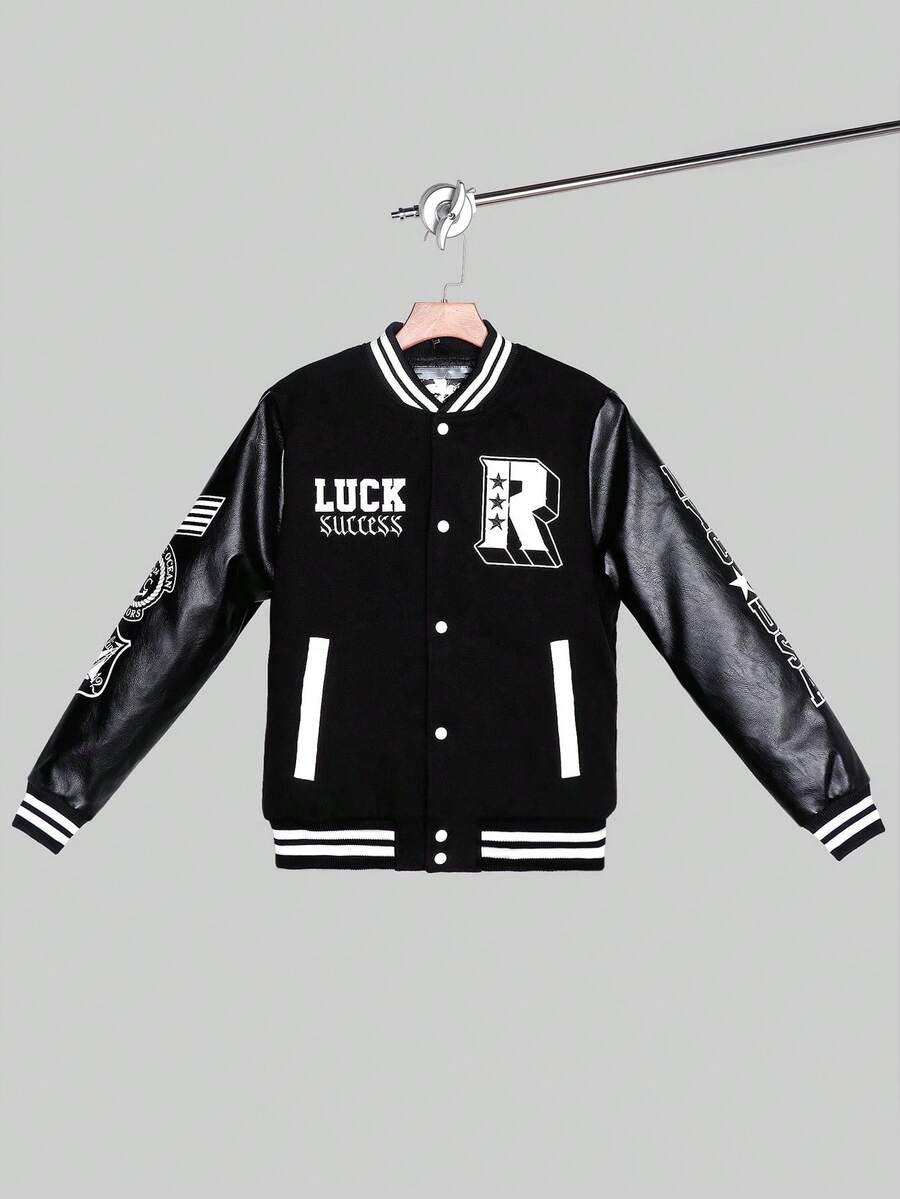 Logeqi® Hombres Chaqueta de béisbol con mangas de piel sintética - Negro - Ver 1