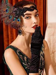 女士緞面手套20世紀閃亮彈性黑色晚禮服手套,長度伸至中腕,適用於新娘