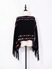 新款女士秋冬針織披風,配有腰帶,與連衣裙搭配 - 黑色 - 查看 3