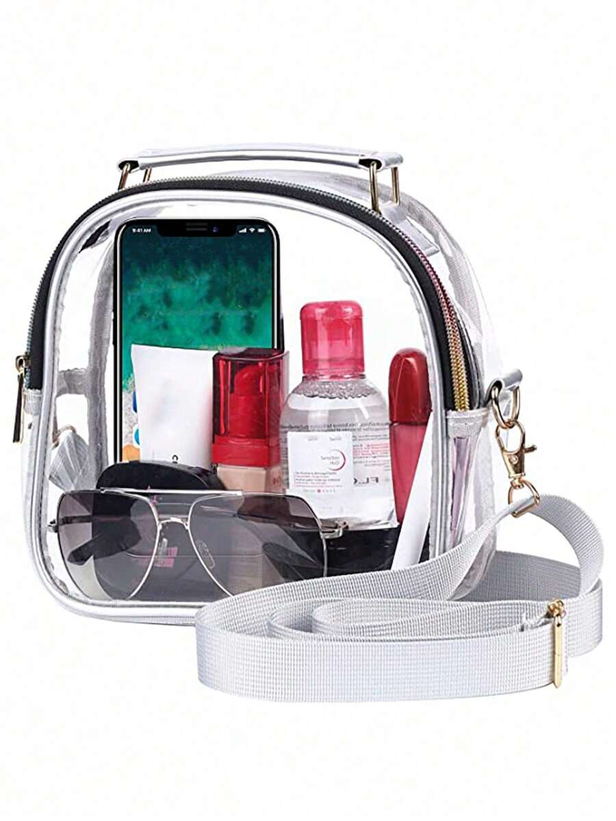 Bolsas Transparentes Para Mujeres Para El Estadio, Bonita Bolsa Transparente Aprobada Por El Estadio, Bolsa De Mano Transparente Con Cremalleras De Arco Iris - Plateado - Ver 1