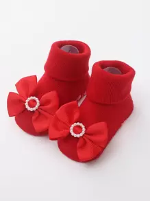 1pair Breathable Princess Solid Color Baby Socks With Cute Bowknot, Plus 1pc Hairband - Red - View 4