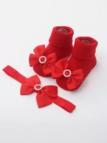 1pair Breathable Princess Solid Color Baby Socks With Cute Bowknot, Plus 1pc Hairband - Red - View 2