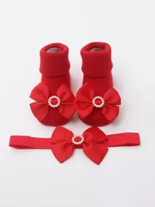 1pair Breathable Princess Solid Color Baby Socks With Cute Bowknot, Plus 1pc Hairband - Red - View 1