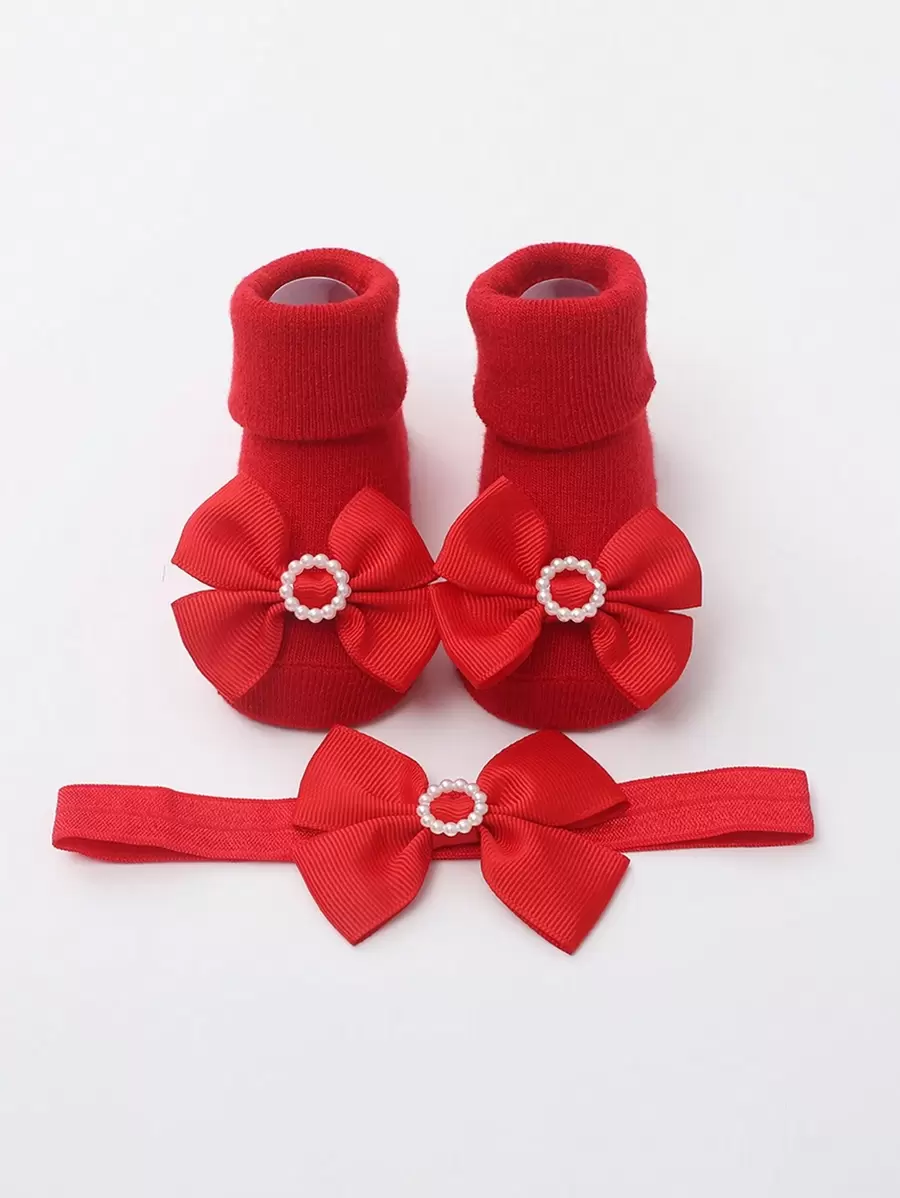 1pair Breathable Princess Solid Color Baby Socks With Cute Bowknot, Plus 1pc Hairband - Red - View 1