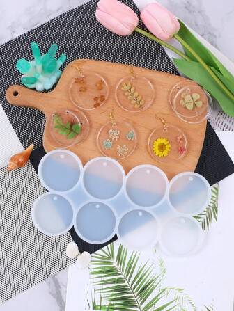 1pc 8 Cavities Round Resin Jewelry Casting Molds Clear Flat Round Resin Pendant Silicone Molds With Hanging Hole For Resin Epoxy UV Resin Soap DIY Craft