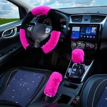 3 件套通用毛絨色塊汽車方向盤套套裝,包括方向盤套、變速桿套和手剎套 - 玫紅色 - 查看 1