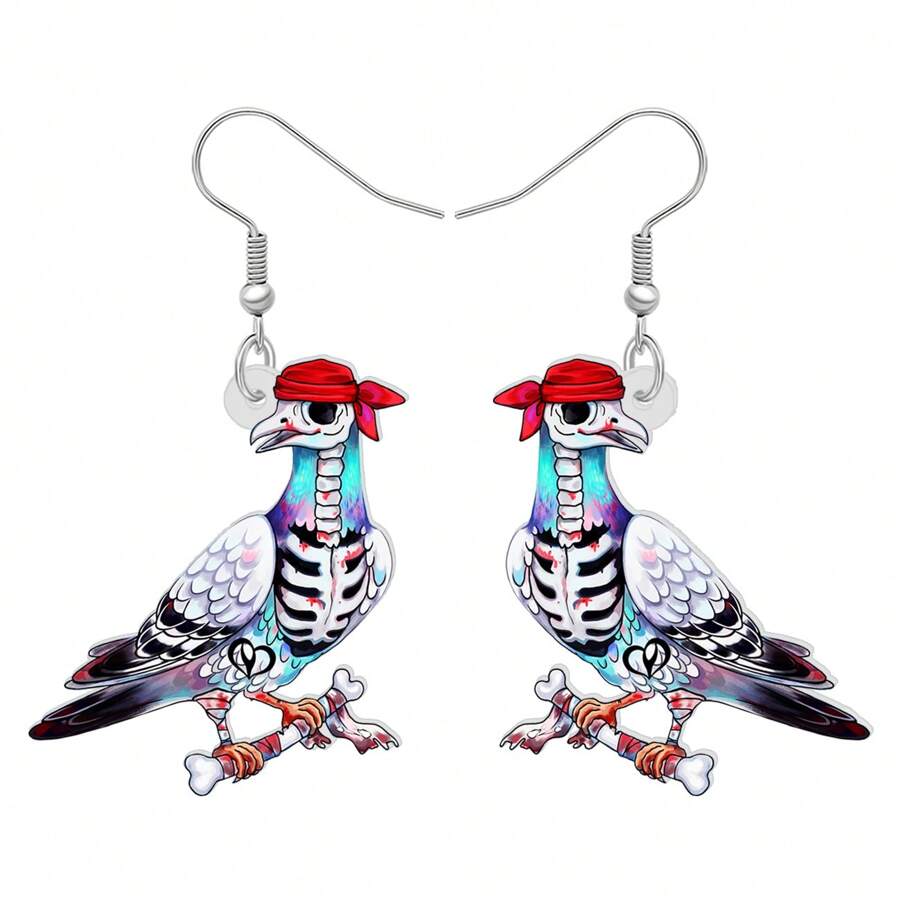亞克力動漫海盜鴿耳環,懸垂式設計,藝術感滿分,萬聖節顱骨鳥禮物,適用於女性珠寶配飾