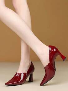 女士百搭苗條跟漆皮高跟鞋帶蝴蝶結裝飾細部 - 酒紅色 - 查看 3