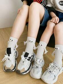 1pair Children's Hand-in-hand Socks, Unisex Baby Cartoon Mid-calf Socks, Cute & Humorous, For Students Sports - White - View 2