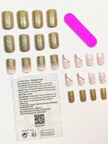 24pcs Short Square Fashionable, Simple, French Style, Heart & Gradient Color Design Nail Art Set To Upgrade Your Look, Suitable For Parties, Dancing, And Daily Wear - Multicolor - View 3