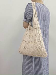 1 件大容量时尚钩针女士购物袋，大号编织袋，沙滩包，夏季度假风格，单肩包，网眼手提包，背包，厨房储物袋，女友购物袋，圣诞礼物，手提包 - 杏色 - 查看 3