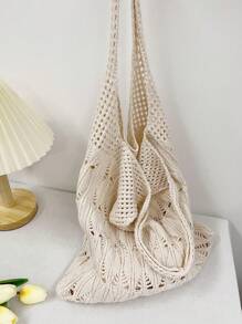 1 件大容量时尚钩针女士购物袋，大号编织袋，沙滩包，夏季度假风格，单肩包，网眼手提包，背包，厨房储物袋，女友购物袋，圣诞礼物，手提包 - 杏色 - 查看 9