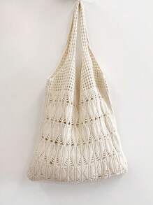 1 件大容量时尚钩针女士购物袋，大号编织袋，沙滩包，夏季度假风格，单肩包，网眼手提包，背包，厨房储物袋，女友购物袋，圣诞礼物，手提包 - 杏色 - 查看 8