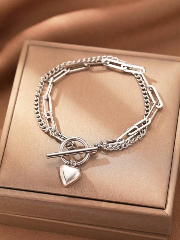 Aomogo Stainless Steel Bracelet, Elegant Vintage Heart Pendant Baroque Faux Pearl Chain Women's Fine Jewelry Valentines,Mom,Mother,Mother's Day,Gift