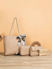 蝴蝶结装饰 4 件套女士几何图案托特包、斜挎包、带丝巾装饰的手拿包、母女包、最佳母亲节礼物创意、书包套装、便携、经典休闲、商务休闲、适合少女、女大学生、白领、学院、办公室、小学、大容量、轻便、教师、工作、商务、通勤、购物 - 杏色 - 查看 2