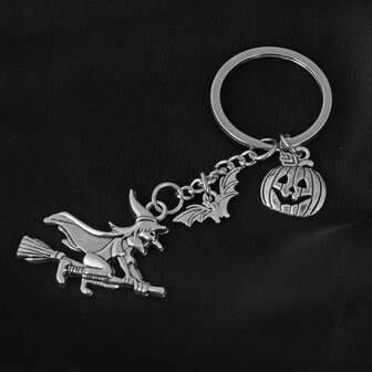 万圣节蝙蝠南瓜灯钥匙扣组合，搭配女巫帽和魔法扫帚设计，个性化复古吊坠，圣诞礼物之选