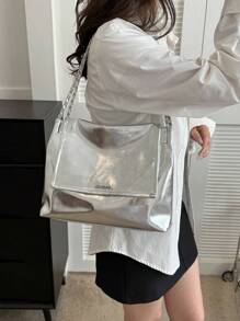Túi đeo vai nhẹ, có thể gấp lại, màu trơn/da báo/nơ, dung tích lớn, có nắp, dùng cho kỳ nghỉ & du lịch, dành cho nữ - Bạc - Xem 2
