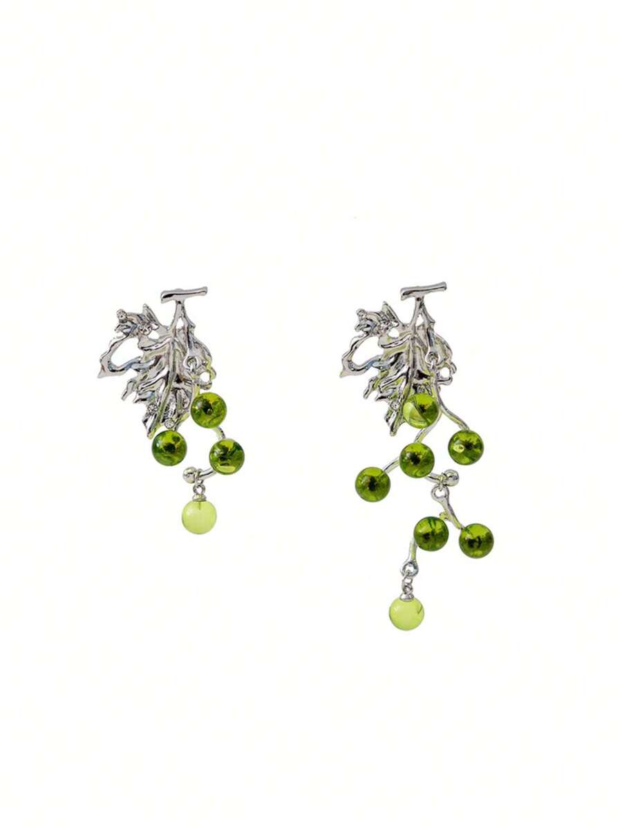 Korean-style Asymmetrical Unique Design Green Grape Shaped Personalized Drop Earrings Suitable For Daily Wear - Green - View 1