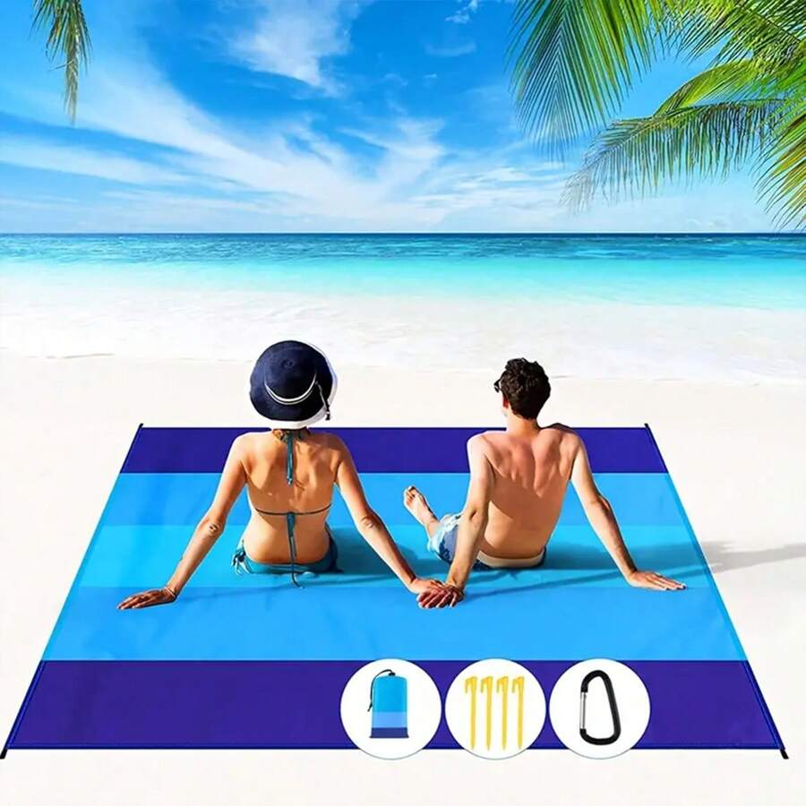 1pc Waterproof & Sandproof Beach Mat (suitable For 1-3 Adults) - Quick-drying Outdoor Picnic Mat For Travel, Camping And Hiking - Enjoy Beach Fun Without Making A Mess - Blue - View 1