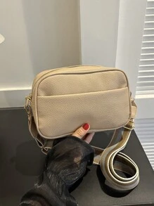 时尚纯色简约风格斜挎包，宽肩带，大容量，多隔层 - 卡其色 - 查看 6