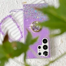 1 件全新設計紫色防摔星空閃光 Diy 串珠手鍊環支架 Tpu 液體矽膠女式手機殼兼容蘋果、三星、oppo 和其他 Android 手機保護殼 - 紫色 - 查看 6