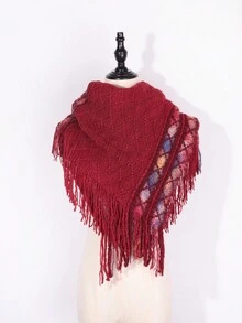 New Ladies' Fall/winter Multicolor Diamond-patterned Turtleneck Poncho For Layering With Dress And One Knitted Vest - Red - View 3