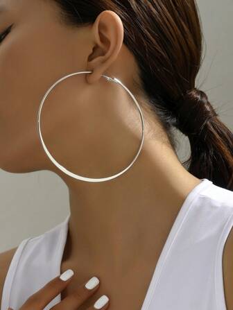 1pair & Fashionable Simple Design Pressed Hoop Earrings, Big Circle Shaped For Women's Exaggerated Look, As Photo Prop Accessories
