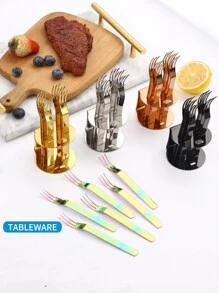 6pcs/Set Stainless Steel Dessert Forks With Holder, Creative Fruit Fork Cutlery Set