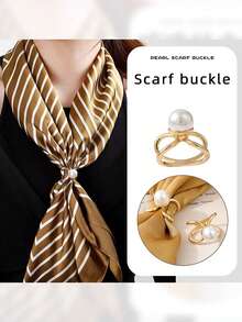1入組多功能緞帶圍巾扣2023新款高端方形圍巾扣襯衫系帶防風皮帶配件,高端三圍脖扣飾創意時尚鏤空甜美風珍珠結晶披肩扣飾 - 金色 - 查看 2
