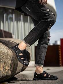 男士新款韓風夏季透氣涼鞋羅馬風沙灘鞋時尚百搭 - 黑色 - 查看 5