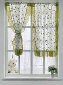 1件綠色藤蔓刺繡薄紗短窗簾,帶有荷葉邊緣,適用於美式鄉村風格臥室廚房窗戶 - 綠色 - 查看 6