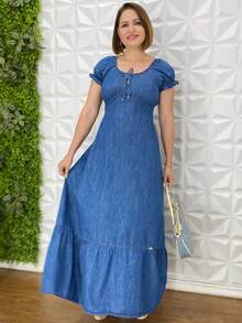 Vestido Longo Jeans Com Babado e Recorte Com Marcação na Cintura primavera Verão