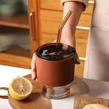 1pc Thickened Glass Water Cup With Lid & Large Capacity And Beautiful Ins Style Coffee, Milk Cup Without Straw - Apricot - View 3