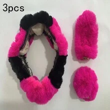 3 件套通用毛絨色塊汽車方向盤套套裝,包括方向盤套、變速桿套和手剎套 - 玫紅色 - 查看 3