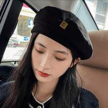 1入組黑色韓語風格畫家貝雷帽帽,秋天&冬天,甜美風&可愛,時尚&個性化 - 黑色 - 查看 1