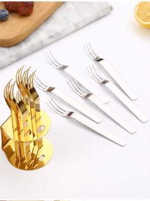 6pcs/Set Stainless Steel Dessert Forks With Holder, Creative Fruit Fork Cutlery Set