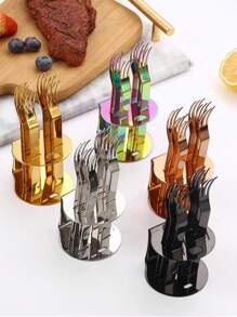6pcs/Set Stainless Steel Dessert Forks With Holder, Creative Fruit Fork Cutlery Set