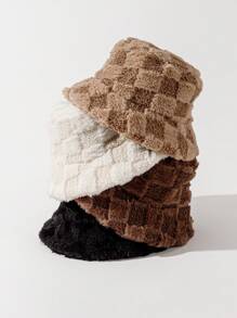 1pc Men's Checkboard Color Block Plush Bucket Hat, Fall & Winter Warm Daily Wear Cute - White - View 2